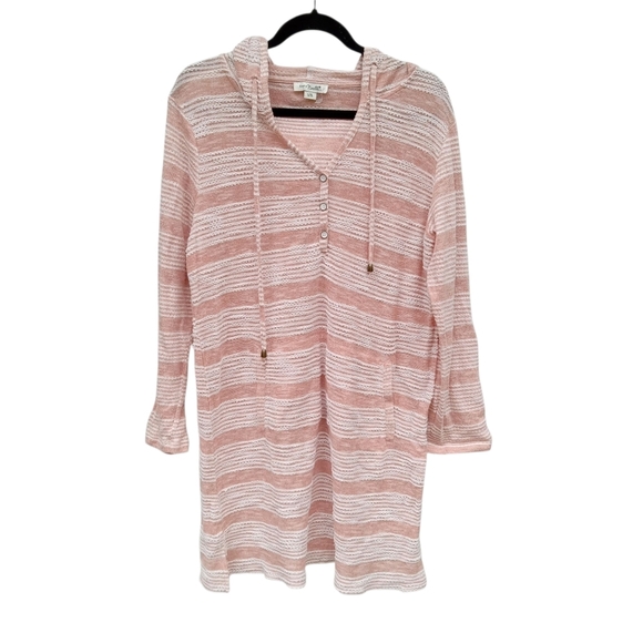 Simply Noelle Pink White Striped Women's Swim Cover-Up L/XL Long Sleeve V-Neck - Picture 1 of 10